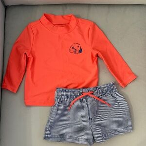 Carter's Bright Coral Rashguard and Navy Striped Shorts